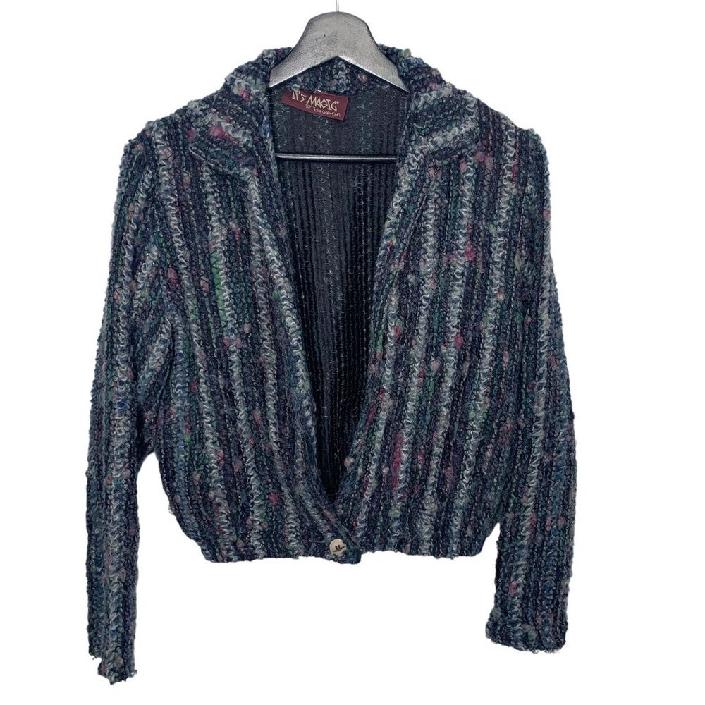 Vintage 90s Blue Multicolor Boucle Short Waist Cardigan Medium - Picture 1 of 6